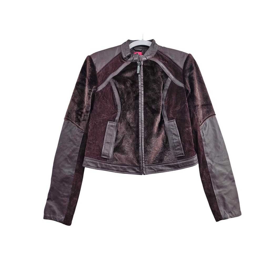 G.I.L.I.‎ Leather Fur Mixed Media Moto Jacket punk biker Womens 2 Burgundy Zip